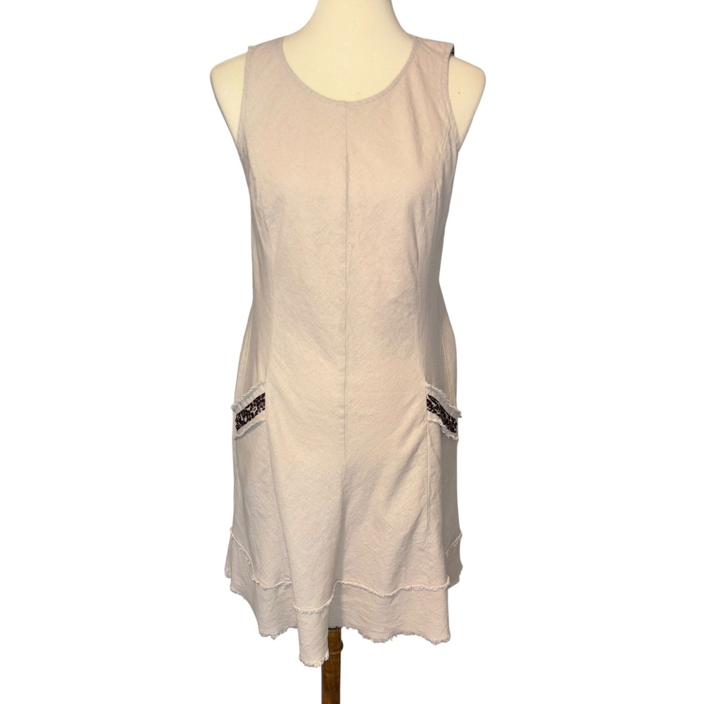 Roz & Ali Khaki Beige Linen Blend Leopard Pocket Shift Dress Size 10. Pockets. - Picture 2 of 12